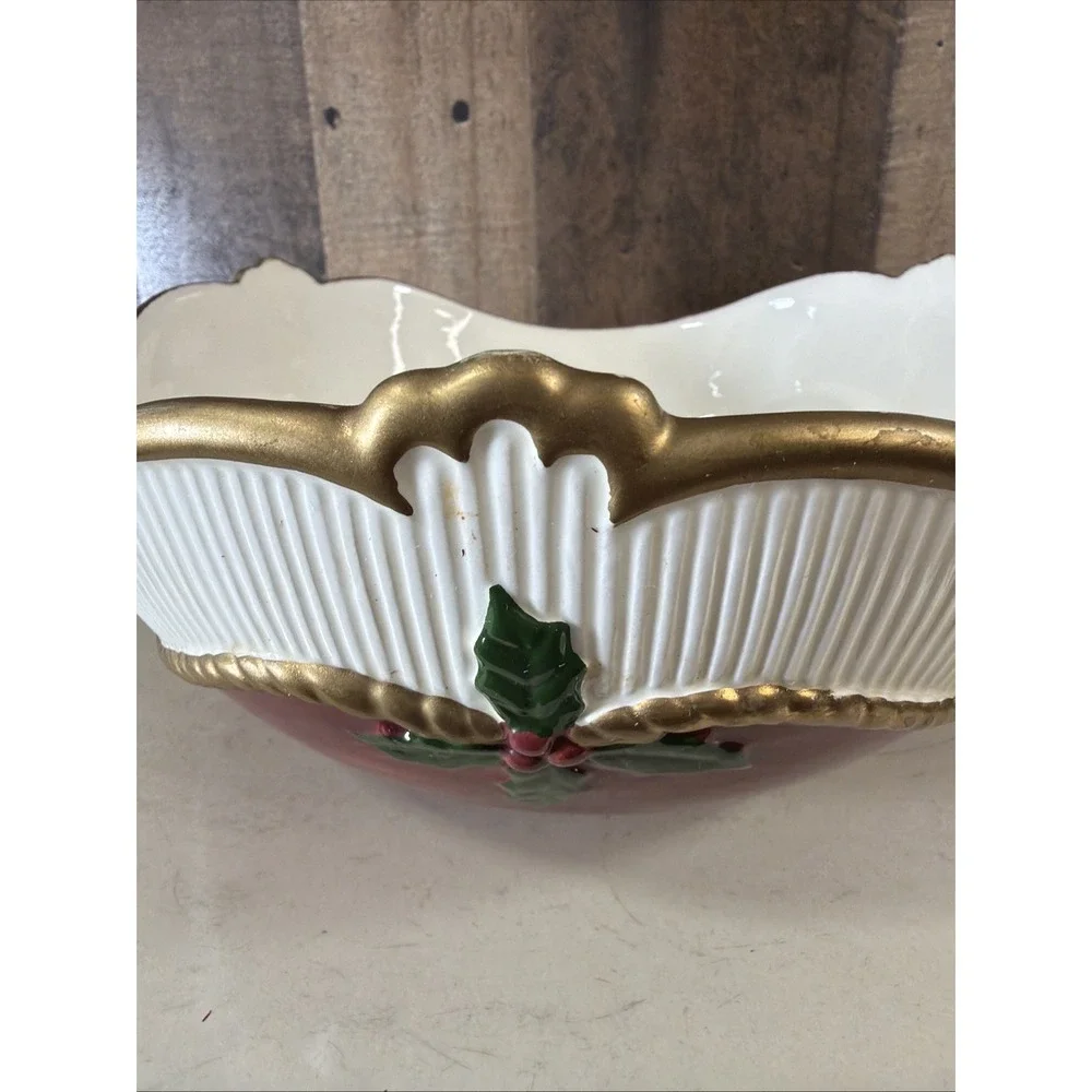VTG 1989 Fitz Floyd Old Tyme Holiday Ceramic Bowl Ribbed Red‎ Gold Flawed w/ Box